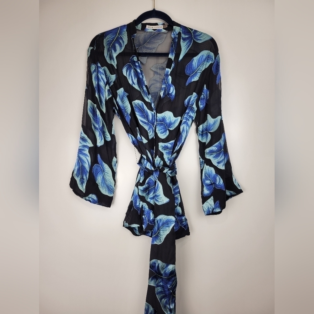 Alice + Olivia Rosario Tie Waist Blue Kimono Silk Blend Top Size Small - Picture 6 of 16
